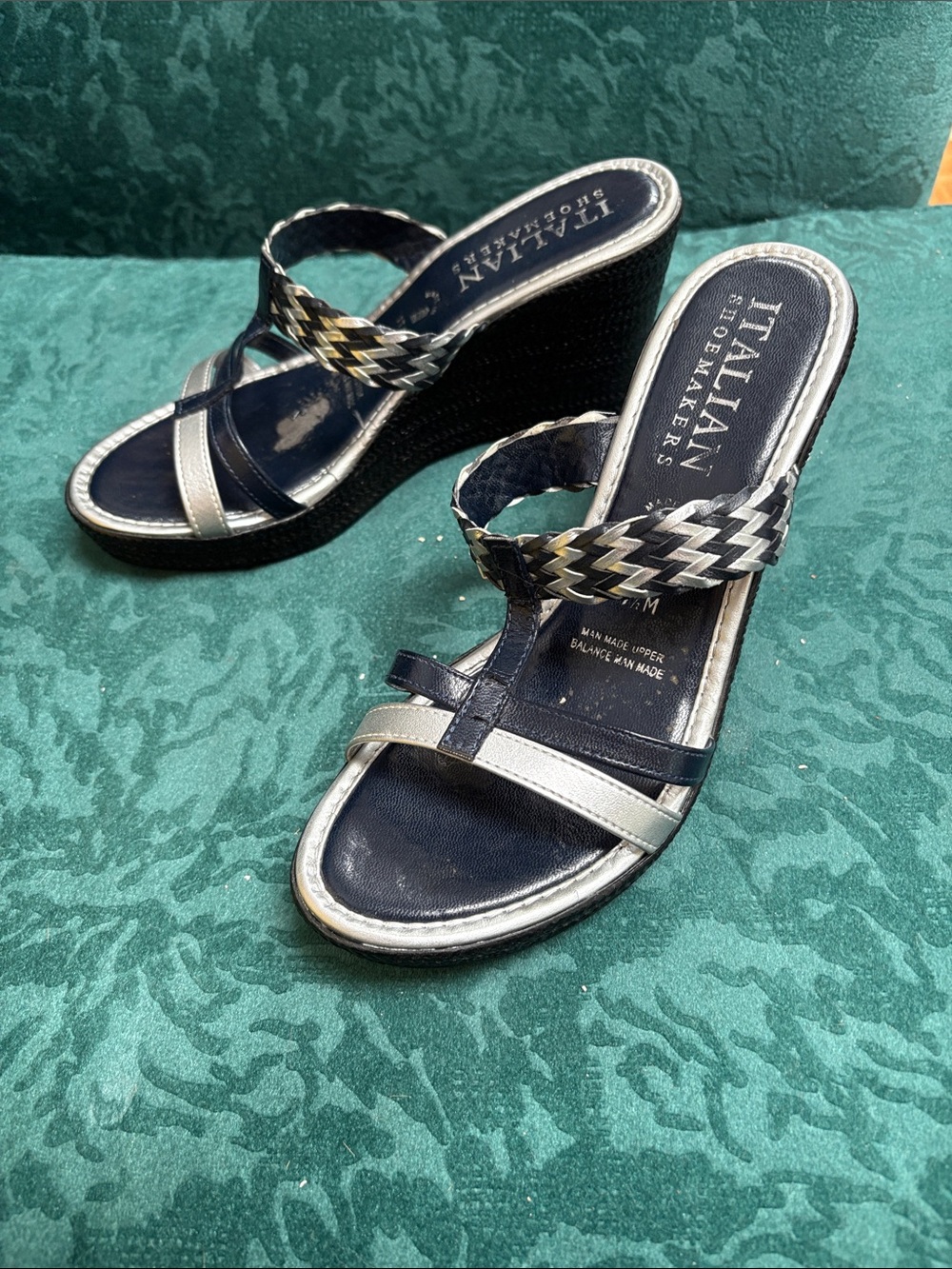Italian Shoemakers Navy and Silver Braided Wedge Sandals